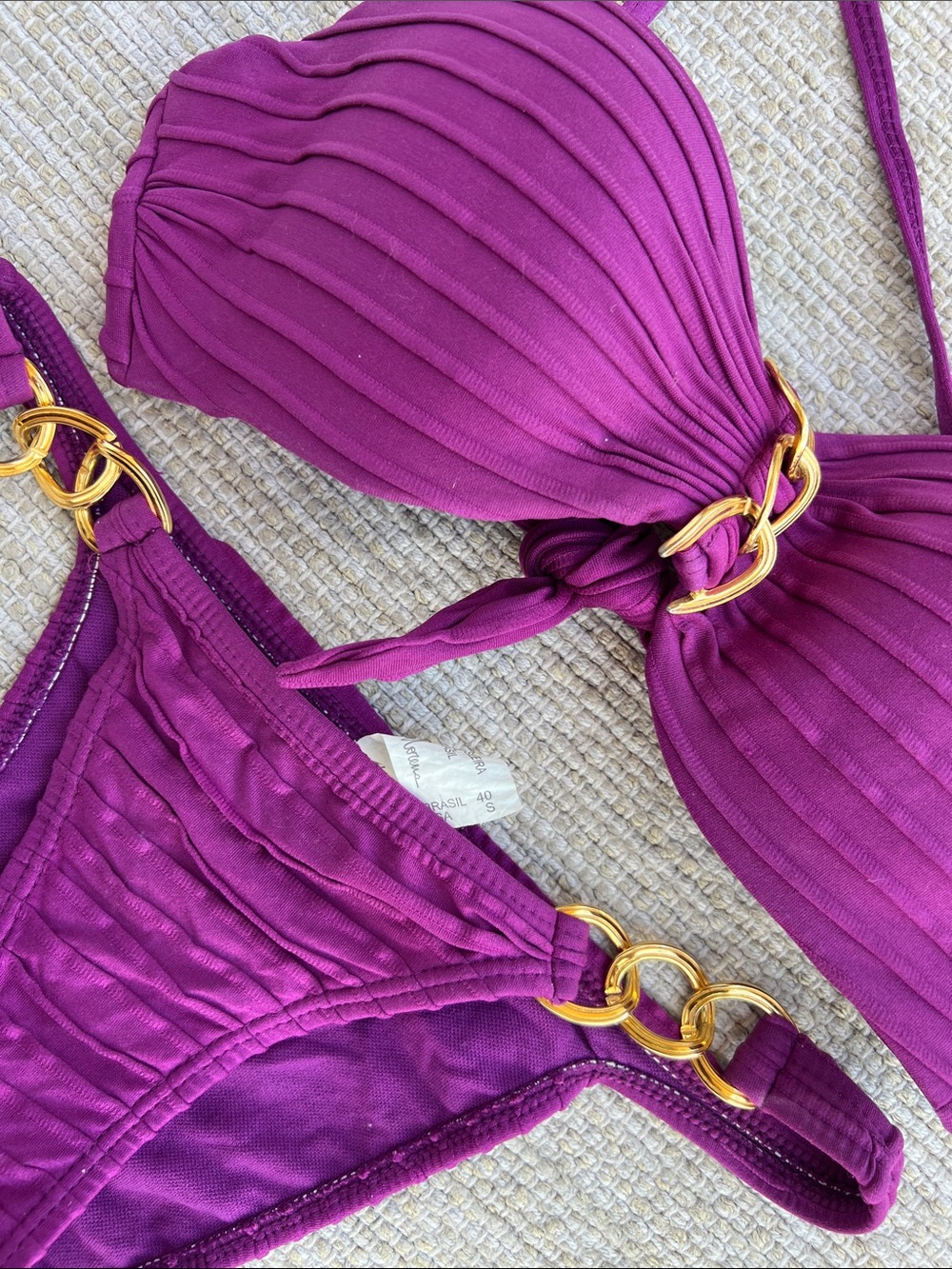 Lua Morena Purple Ribbed Bandeau Bikini Set with Gold Brass Ring Accents -Small - Picture 5 of 11
